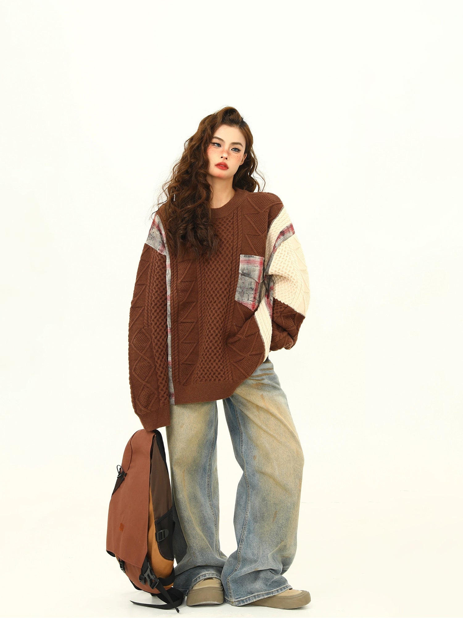 Patchwork Knit and Plaid Sweater