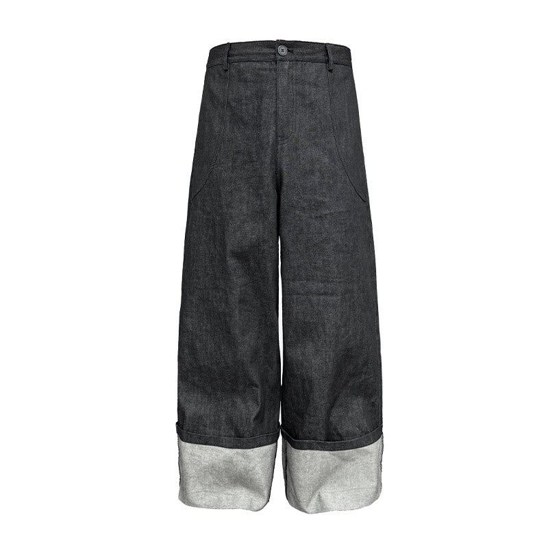 Cuffed Wide-Leg Denim Trousers with Contrast Turn-Up Hem