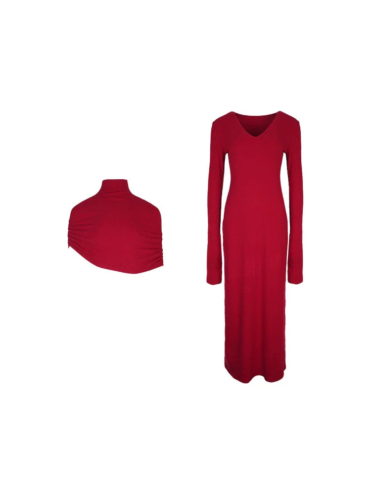 High Neck Shawl and Long Sleeve Maxi Dress Set