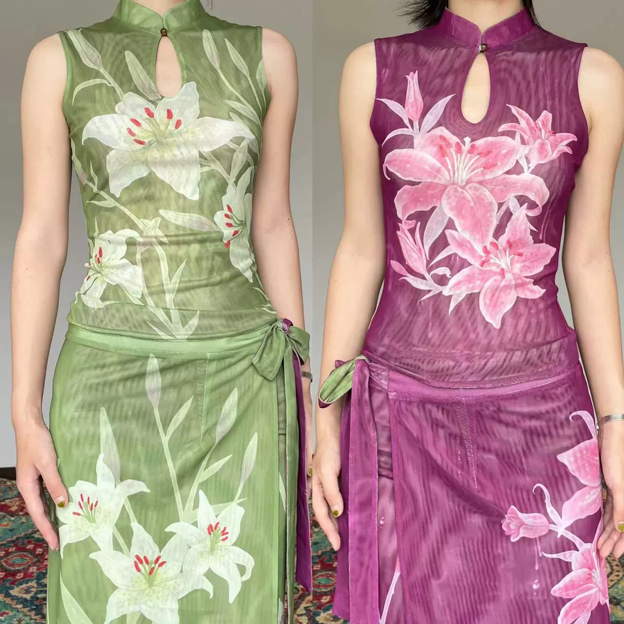 Oriental Lily Print Cheongsam Top