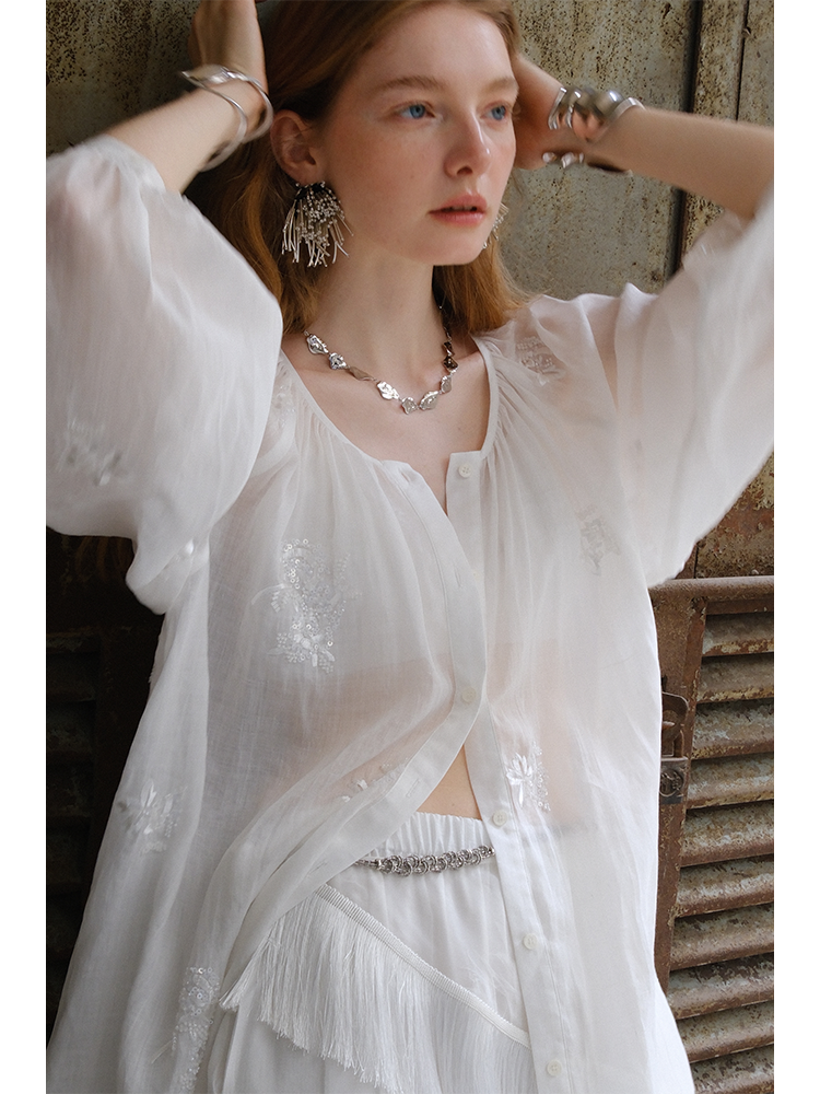 White Embroidered Button-Front Peasant Blouse