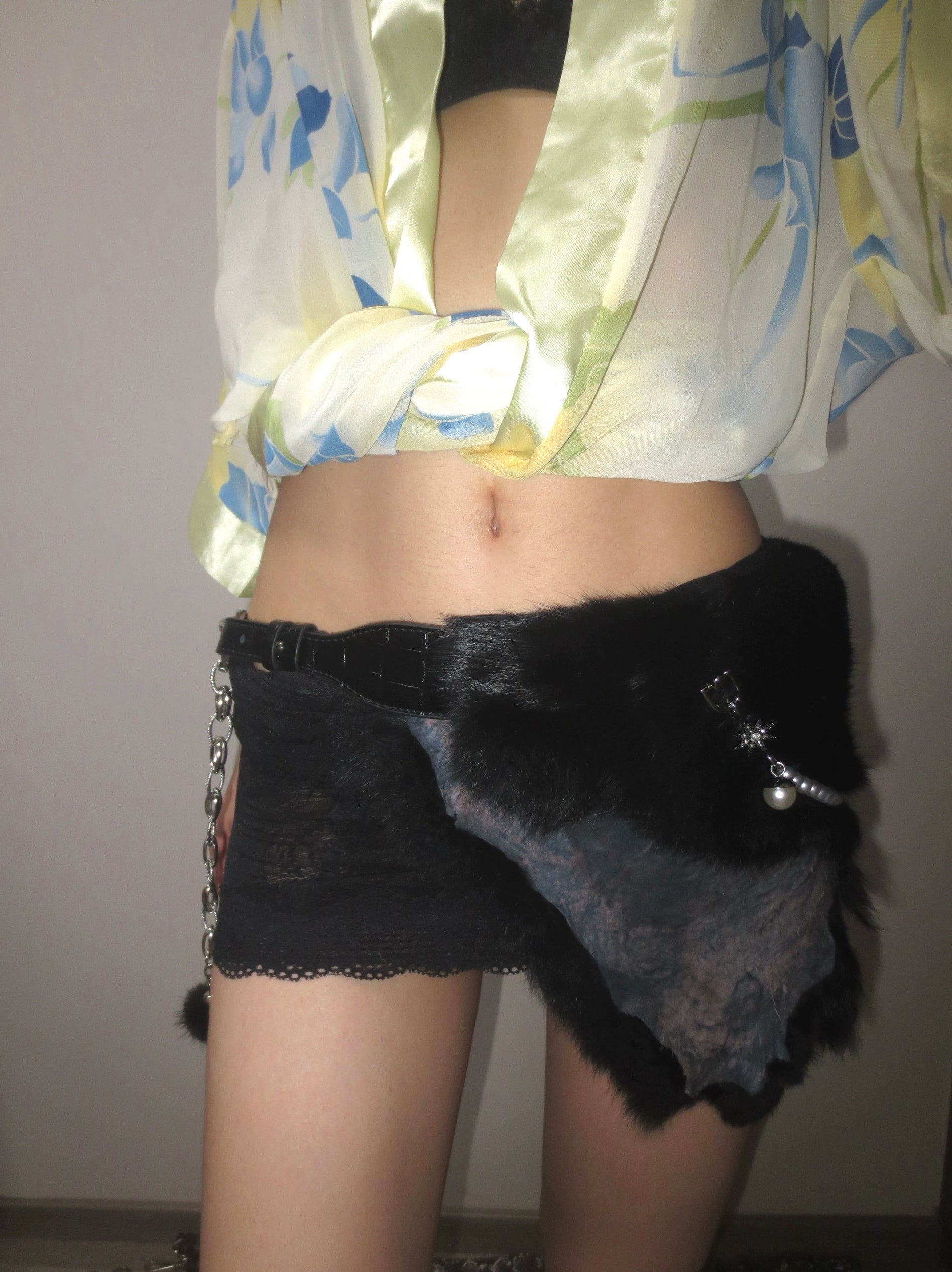 Black Rabbit Fur Pearl Chain Belt