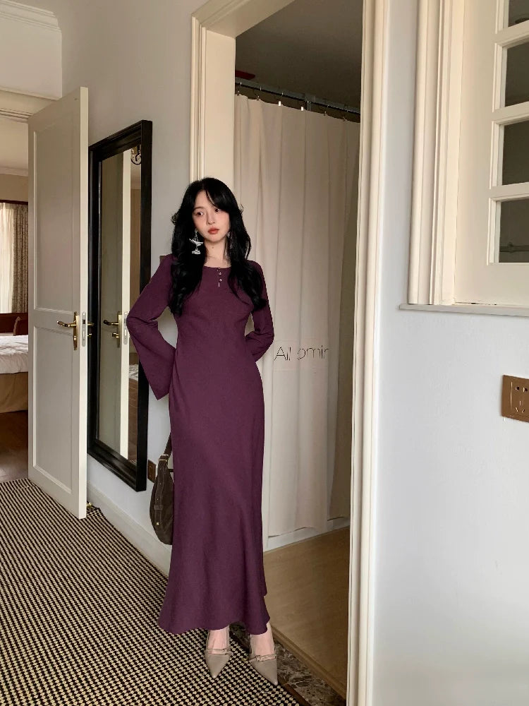 Retro Long Sleeve Button-Front Maxi Dress