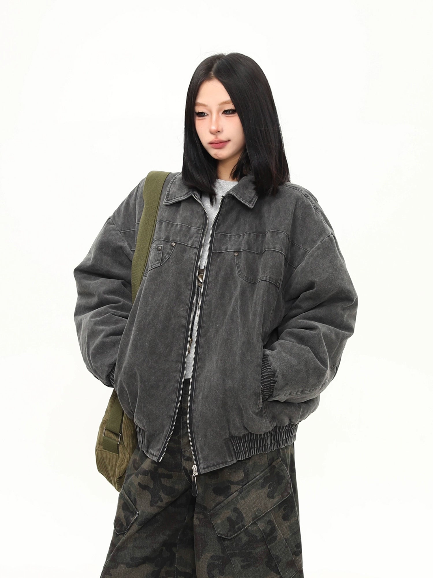 Charcoal Fade Utility Denim Bomber Jacket