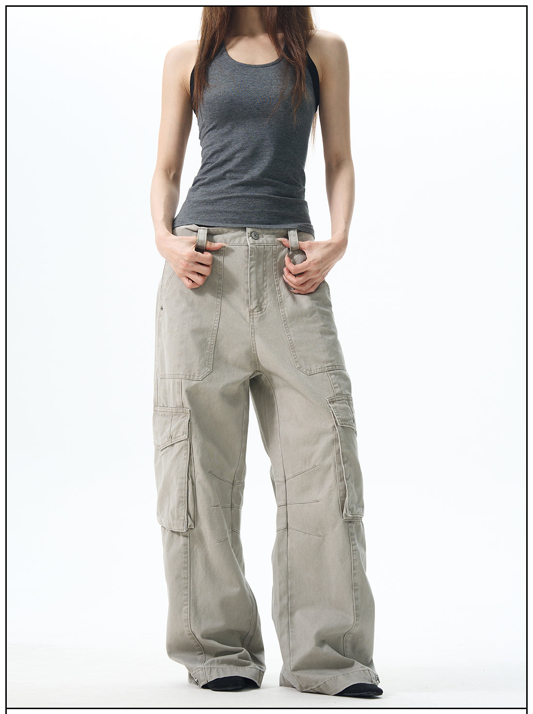 Wide Leg Cargo Pants in  Beige & Black