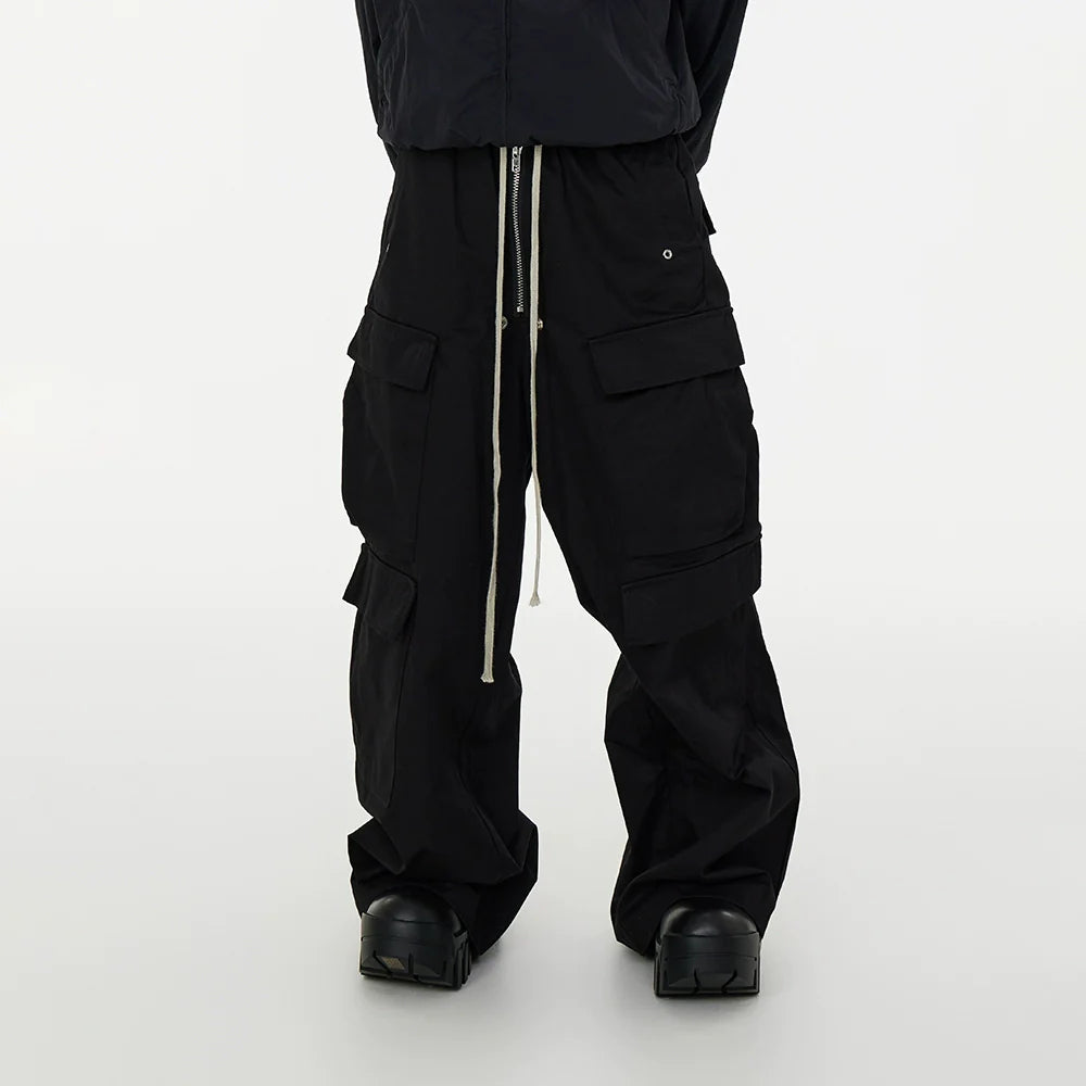Black Drawstring Multi-Pocket Dragging Cargo Pants
