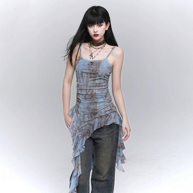 Ladyghost Grunge Fairy 비대칭 캐미 드레스 - 여성용 타이 다이 러칭 미니 드레스, 러플 밑단