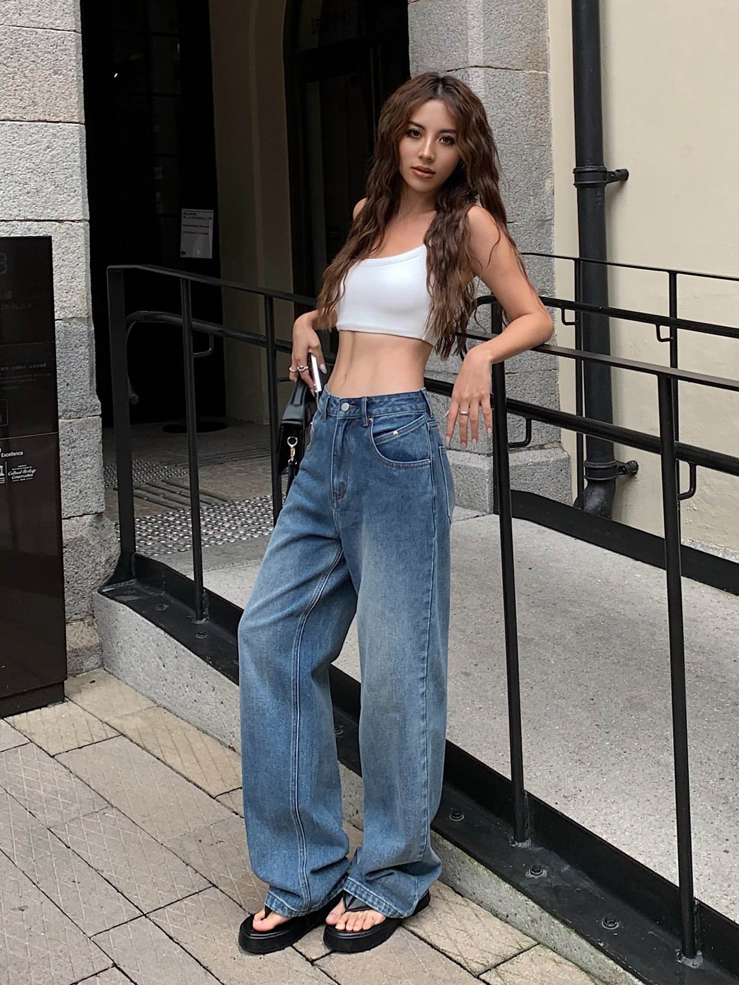 Summer Collection - Blue High-Waist Loose Wide-Leg Denim Jeans - chiclara