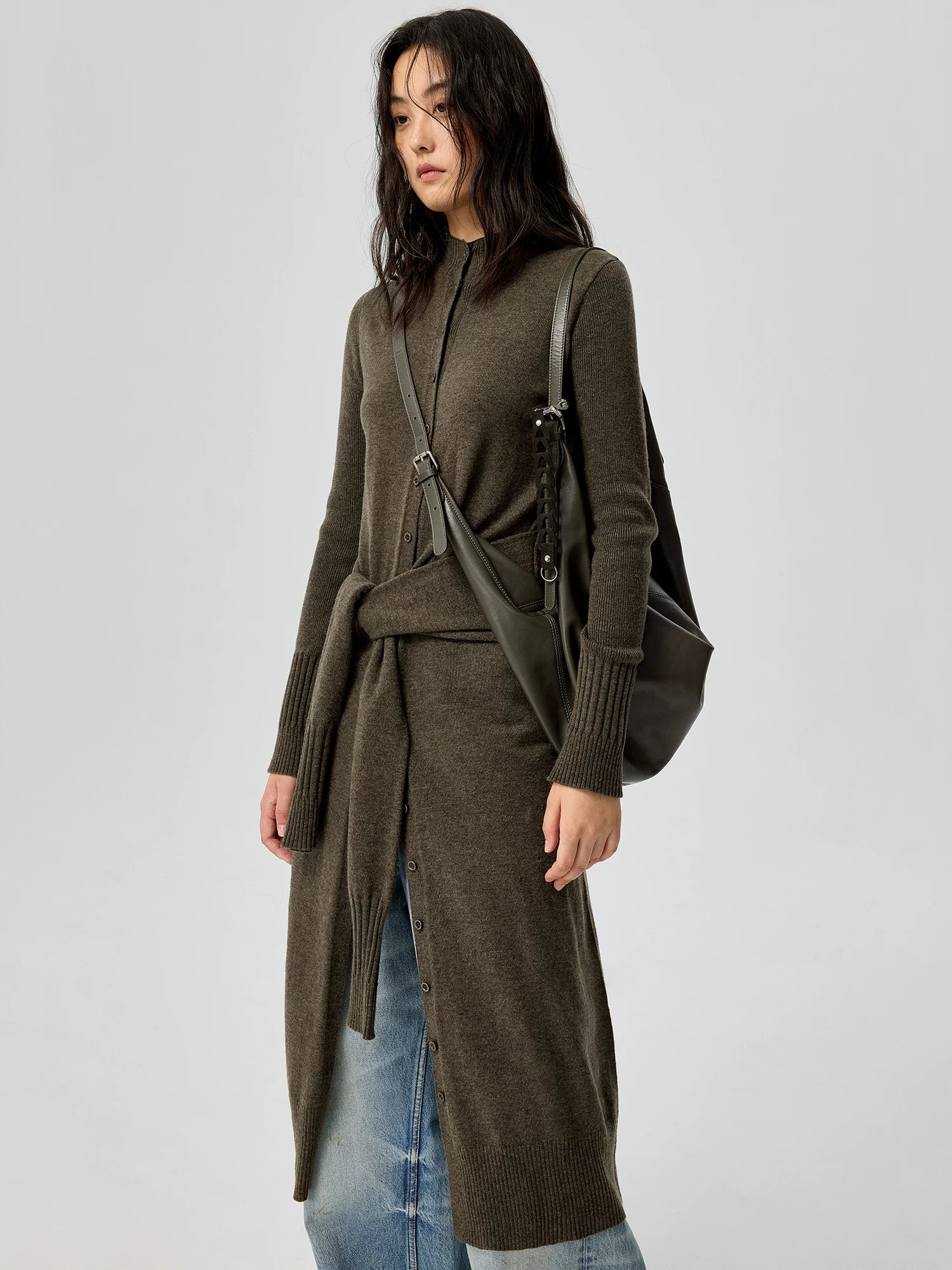 Button-Front Knit Midi Dress with Waist Tie