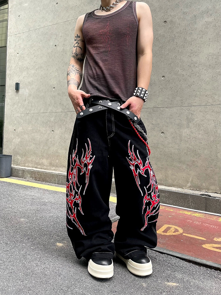 Red Flame Graffiti Wide-Leg Jeans