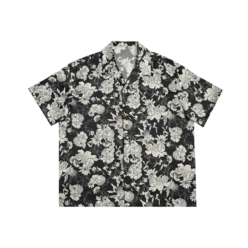 Black Floral Print Hawaiian Summer Shirt