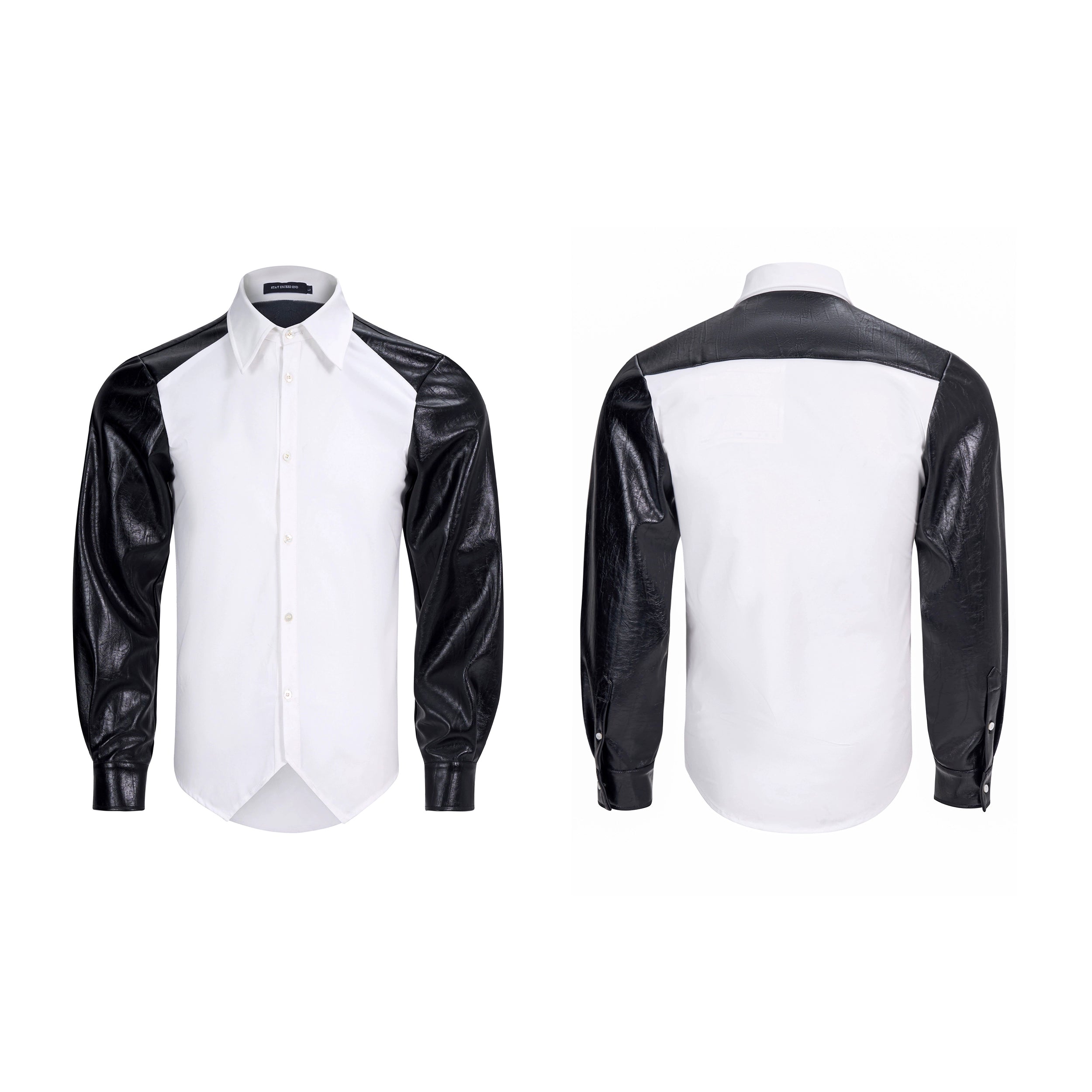 White Shirt with Black Faux Leather Sleeves