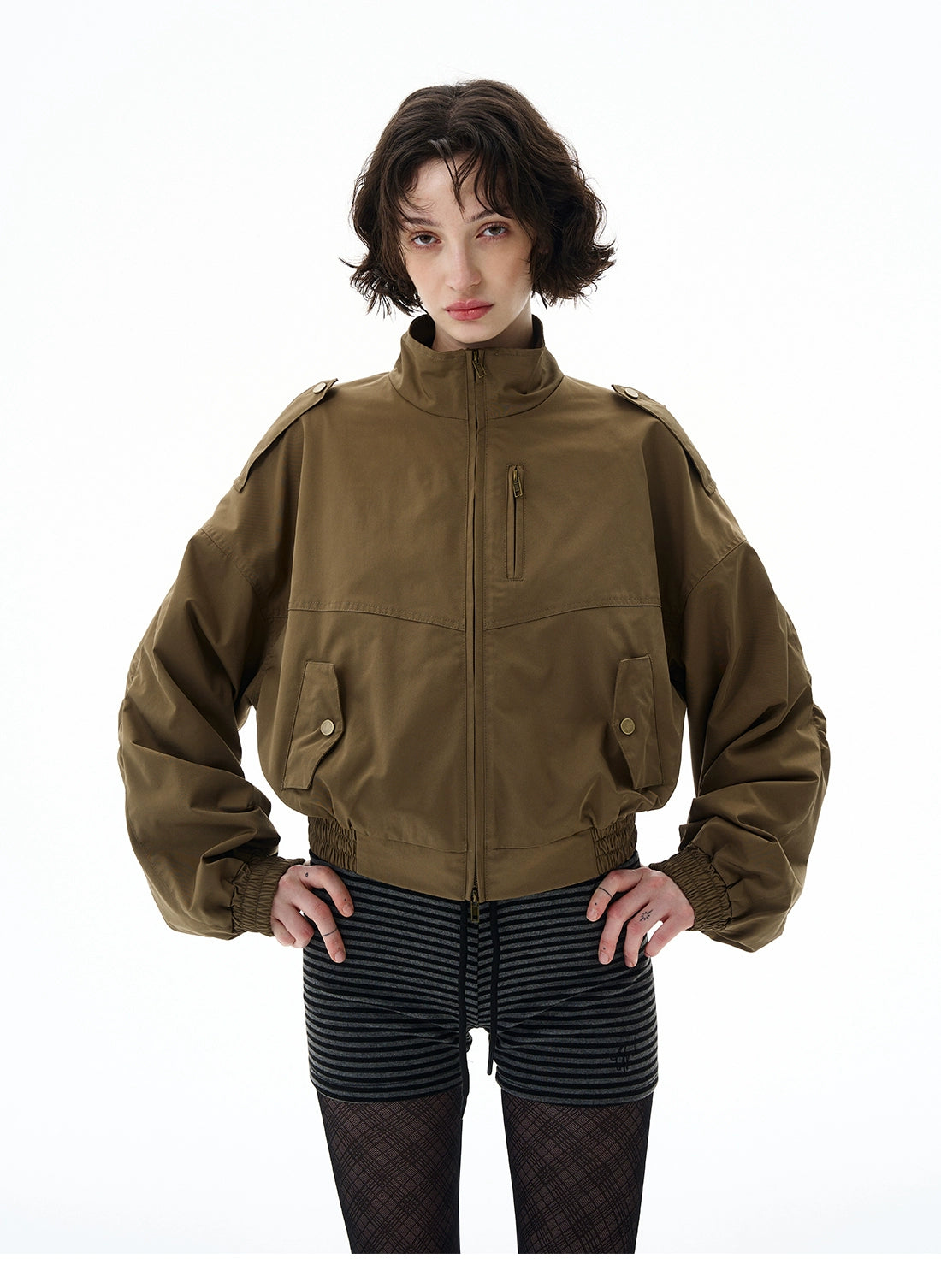 Cropped Utility High Collar Bomber Jacket