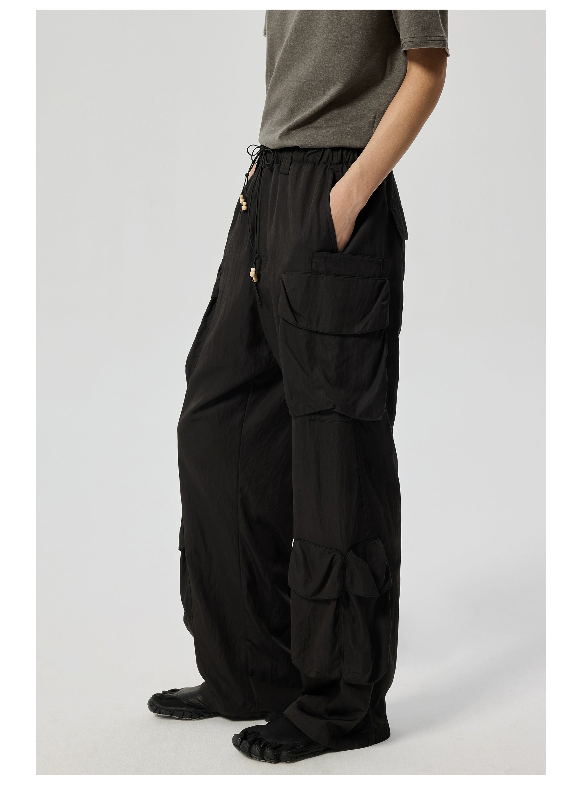Wide-Leg Cargo Pants with Wood Bead Detail