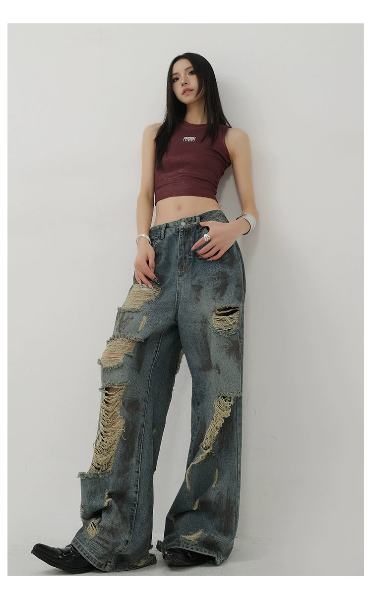Retro Tie-Dye Distressed Wide-Leg Jeans With Washed Effect And Draping Fit - chiclara