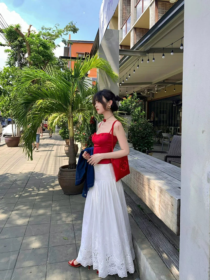 White Eyelet Lace Maxi Skirt