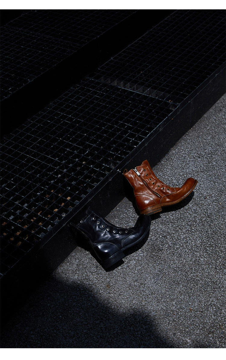 Brown Leather Lace-less Combat Boots