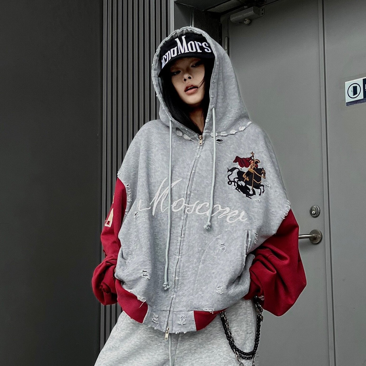 Men's Distressed Number-Print Embroidered Oversized Zip-Up Hoodie