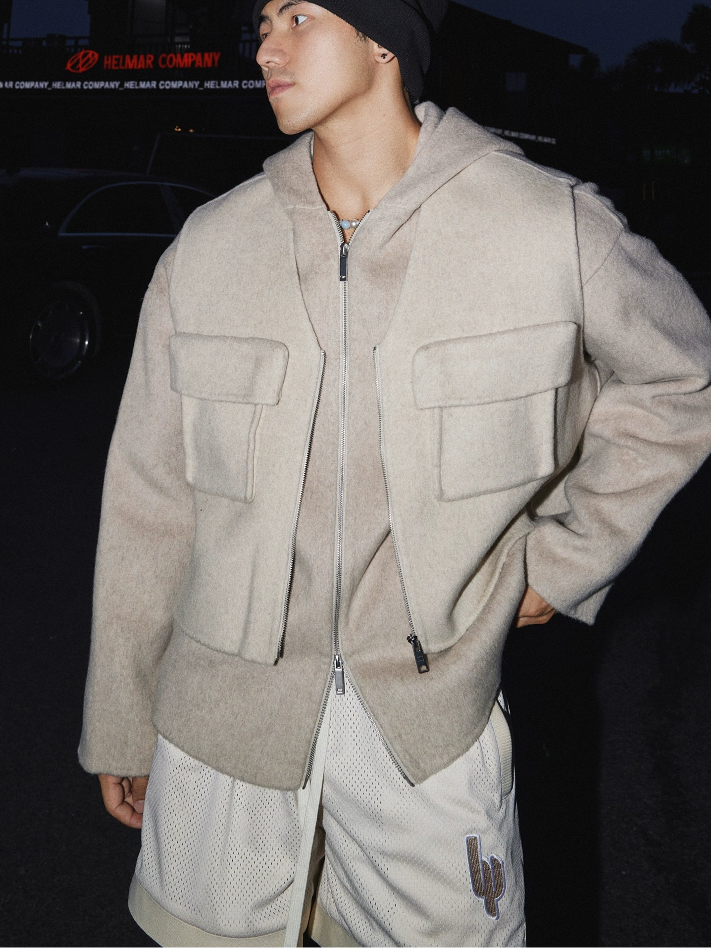 Beige Wool Utility Pocket Zip Jacket