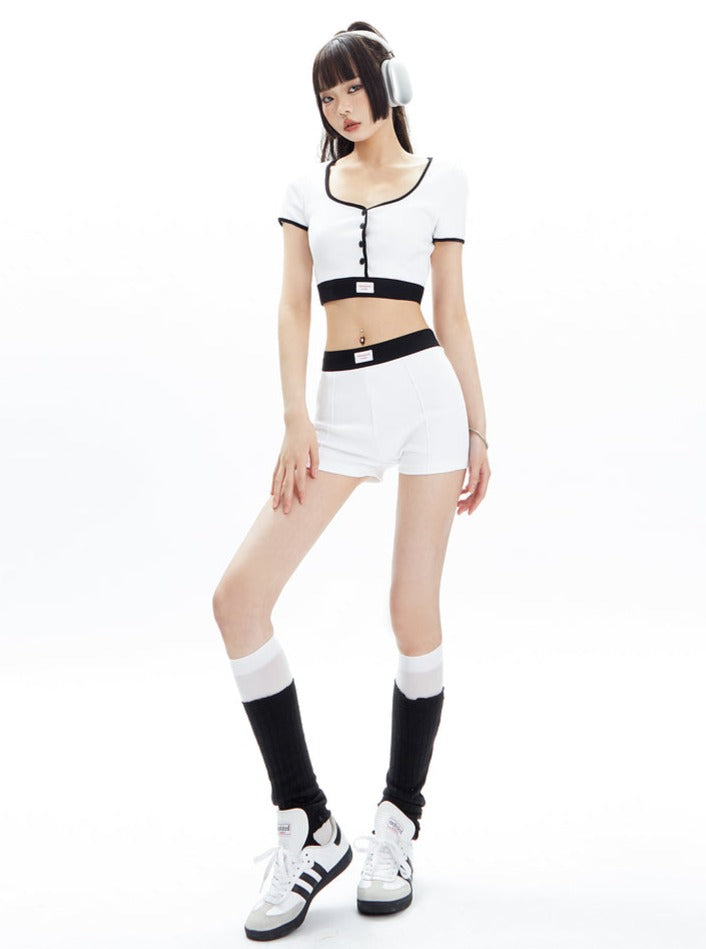 Black and White Contrast Trim Crop Top and Shorts Set