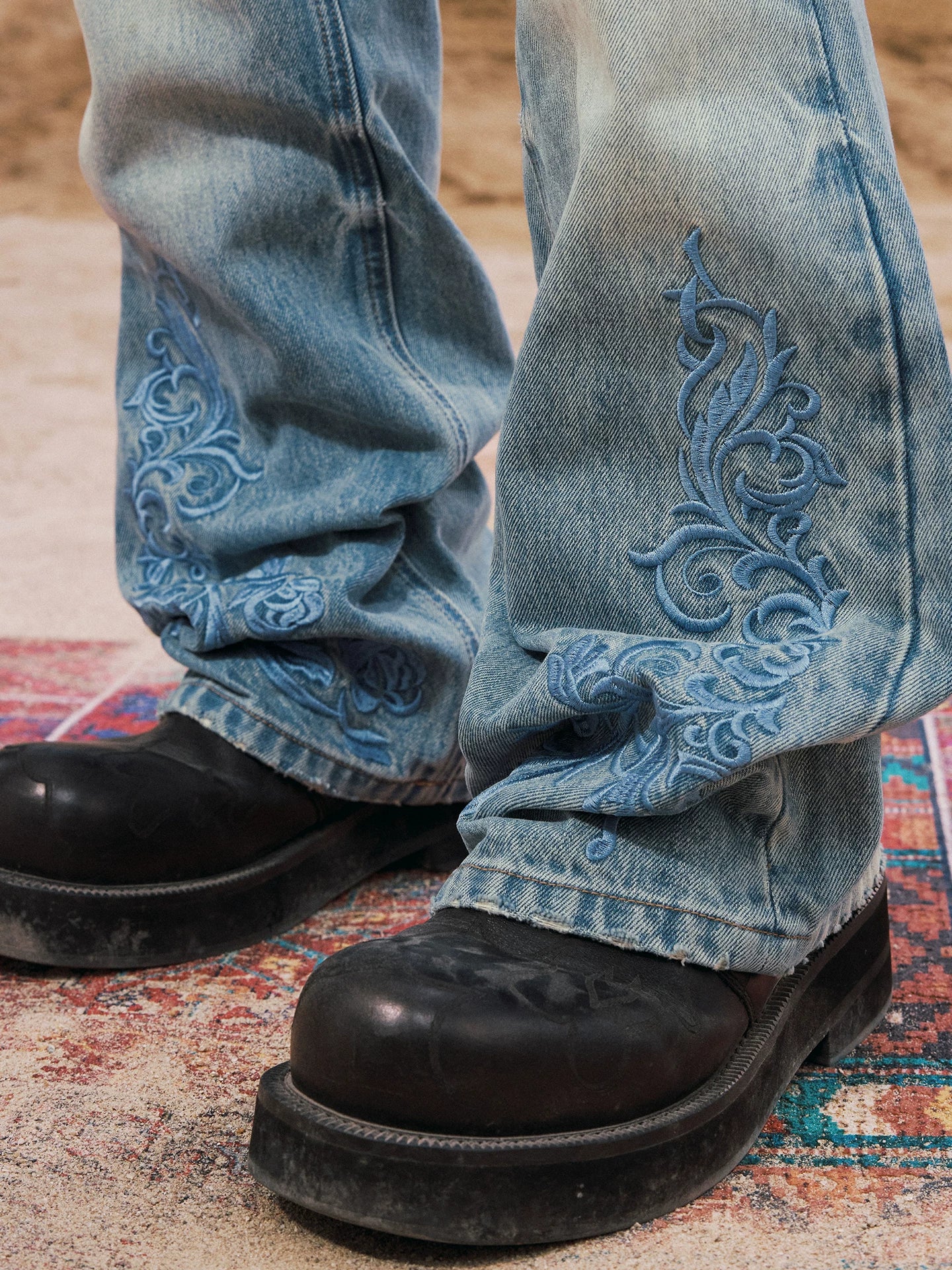 Embroidered Buckle Detail Wide Leg Jeans