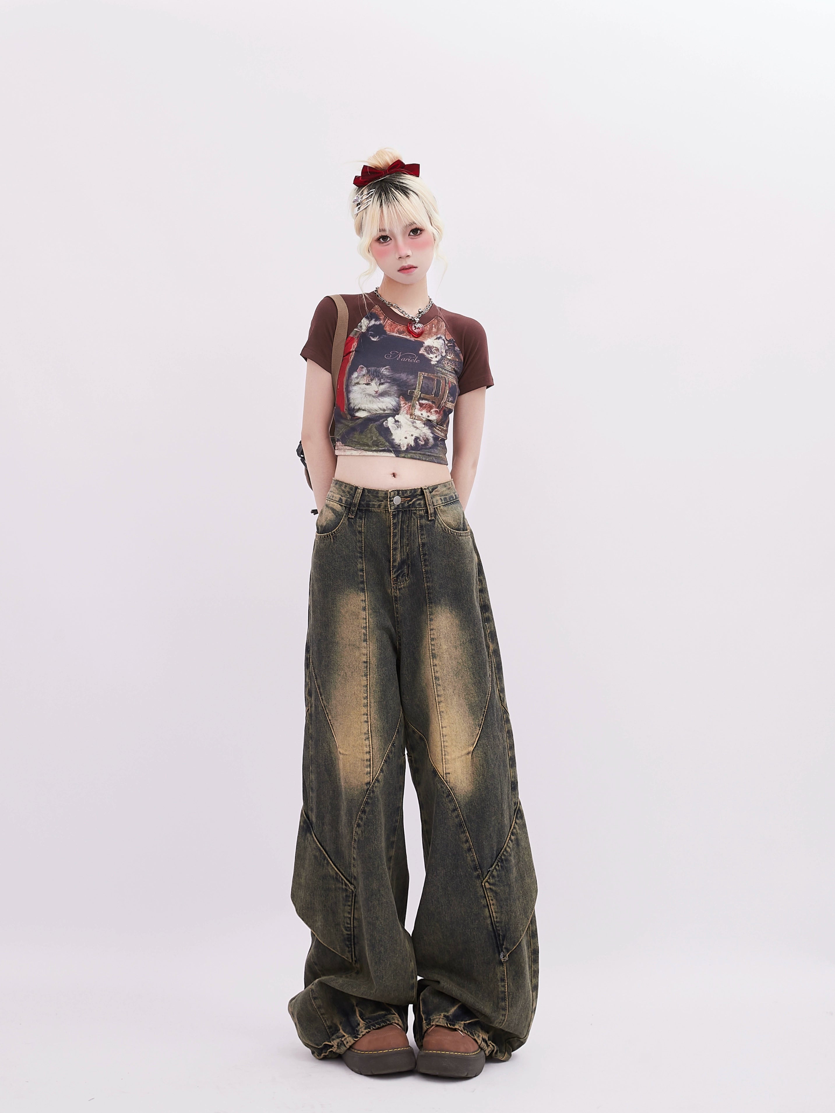 Diagonal Panel Wide Leg Jeans