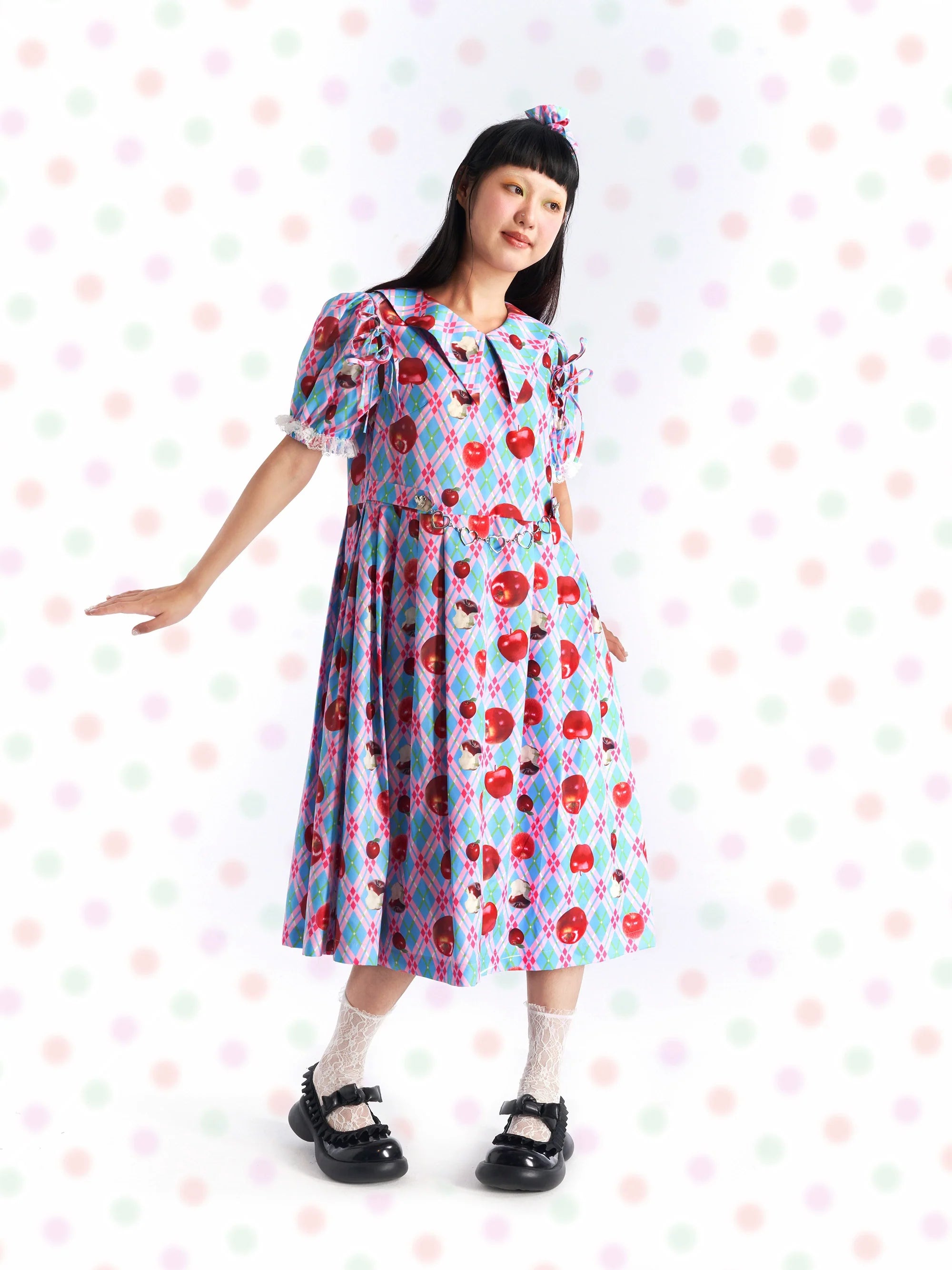 Blue and Pink Apple Print Collar Dress