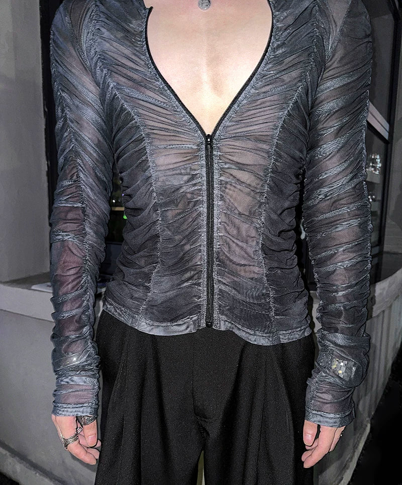 Midnight Siren Ruched Sheer Zip Top