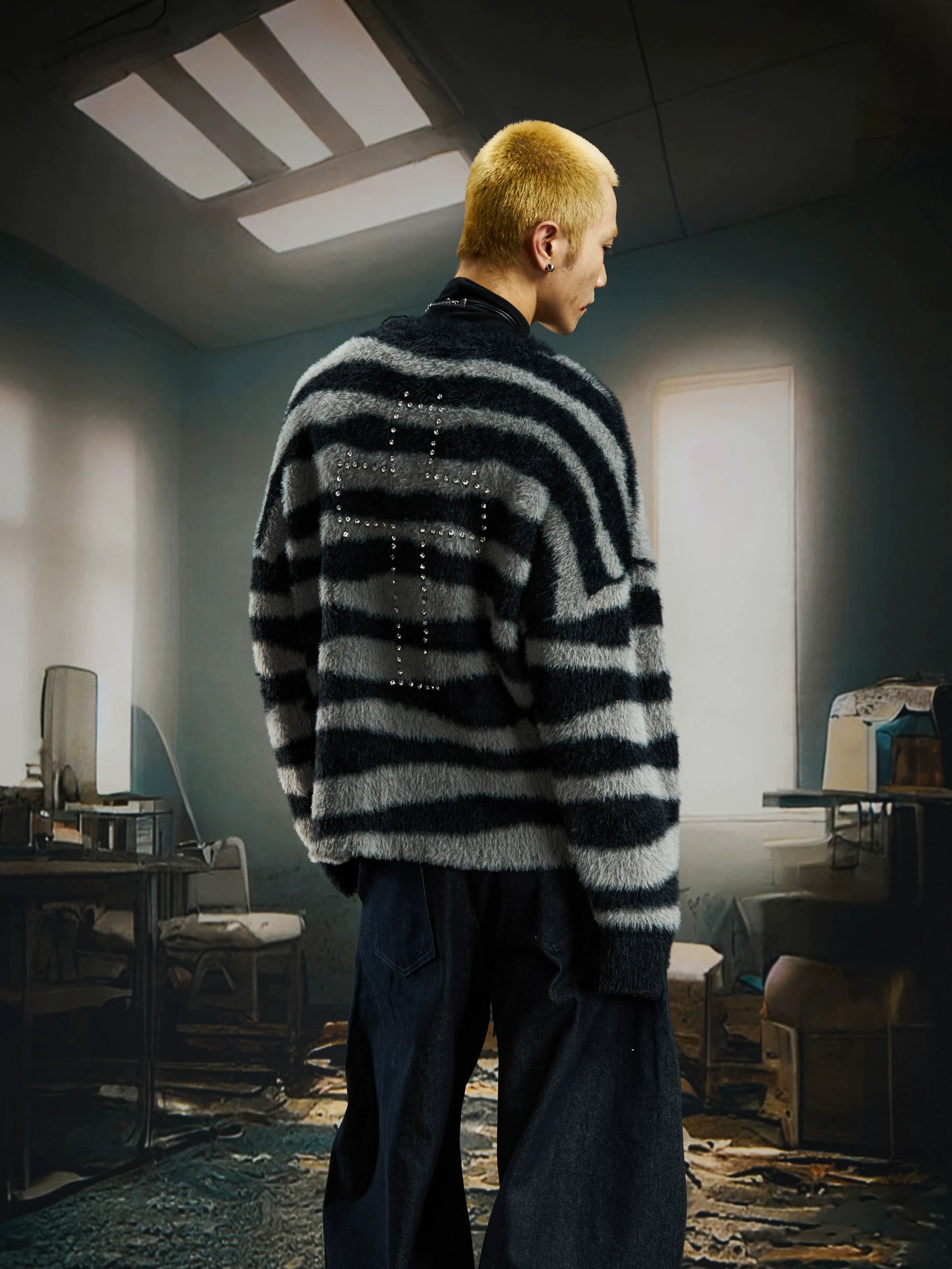 Crucifix Zephyr Striped Fuzz Sweater