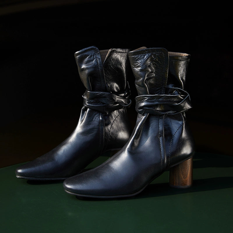 Leather Ankle Boots with Block Heel