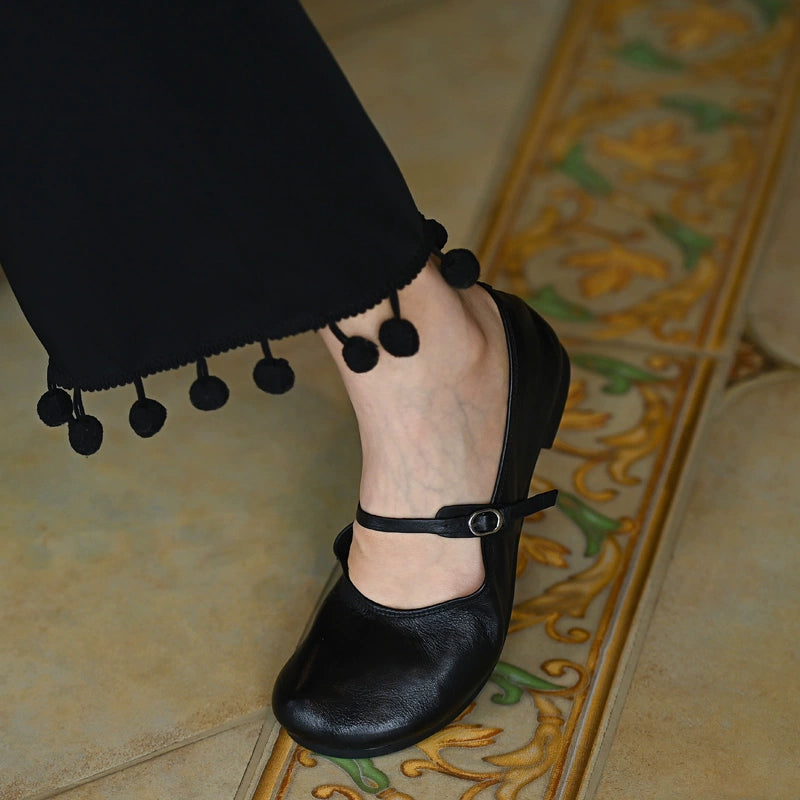 Black Leather Mary Jane Flats