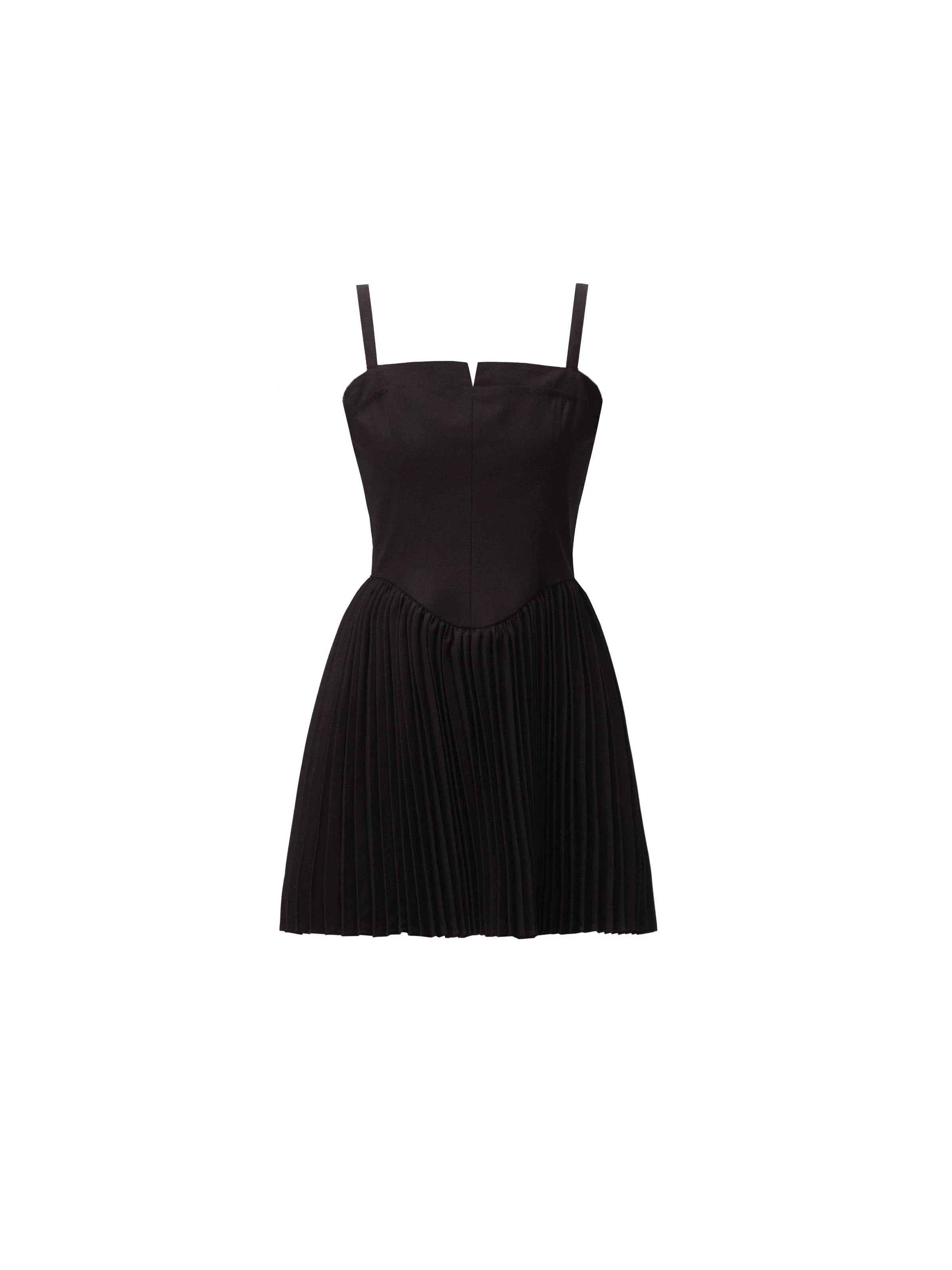 Mini vestido negro plisado con corpiño estructurado