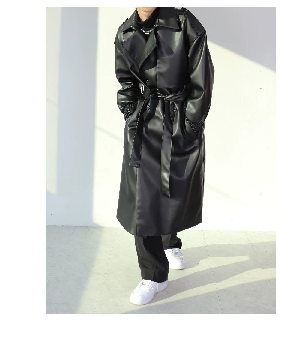 Noir Eclipse Belted Faux Leather Trench Coat