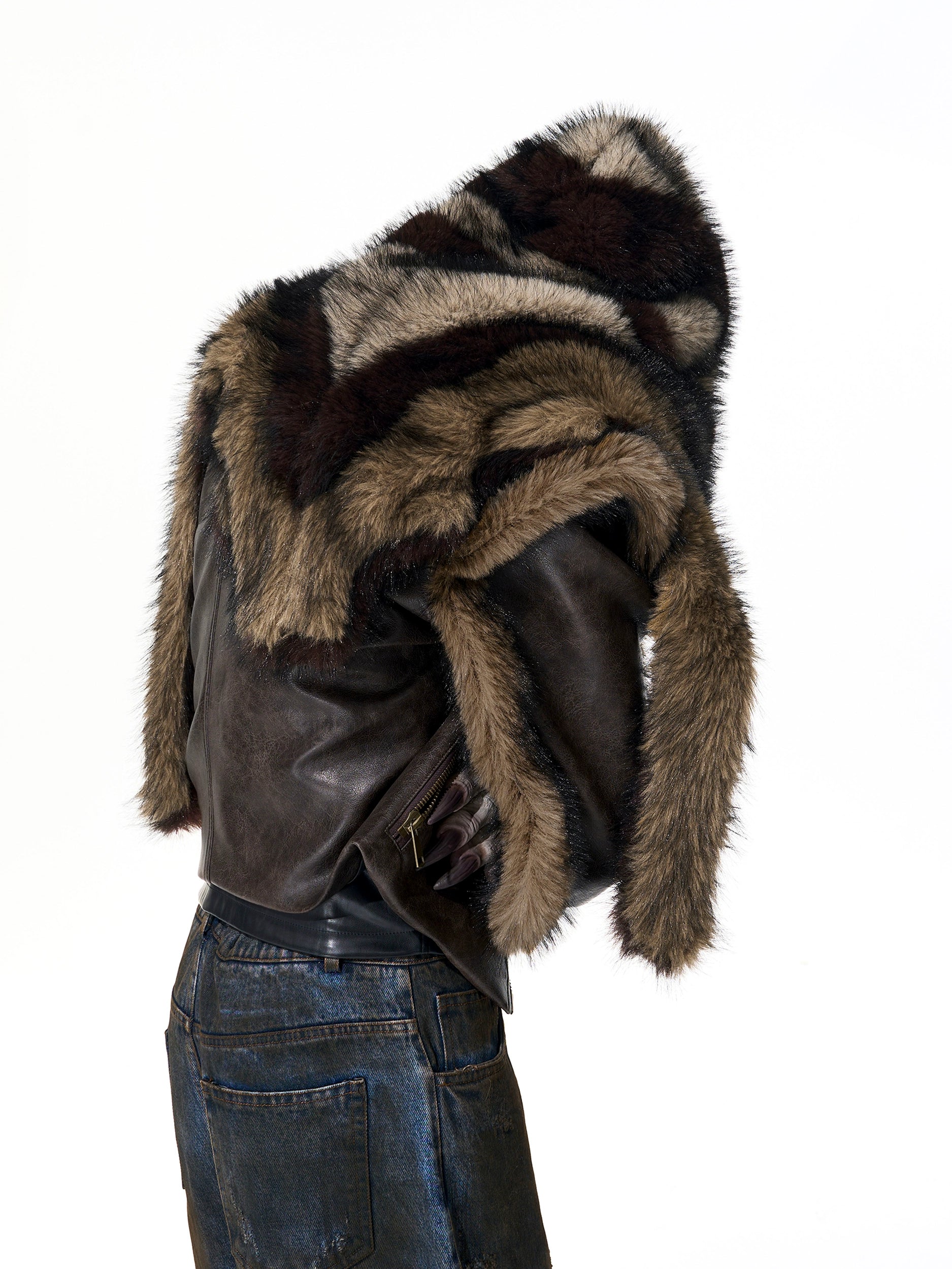 Faux Fur Shawl with Hood in Brown and Black Tones