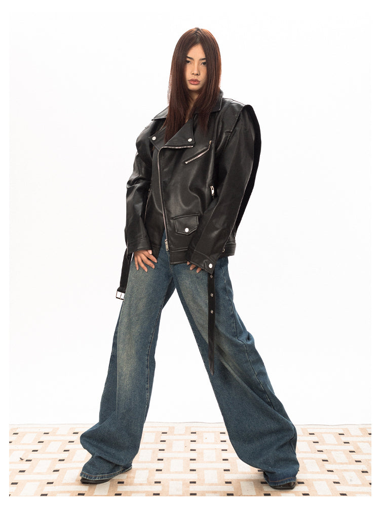 Wide Shoulder Motorcycle Leather Jacket - chiclara