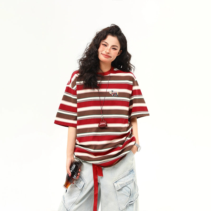 Brown and Red Striped Oversized Tee
