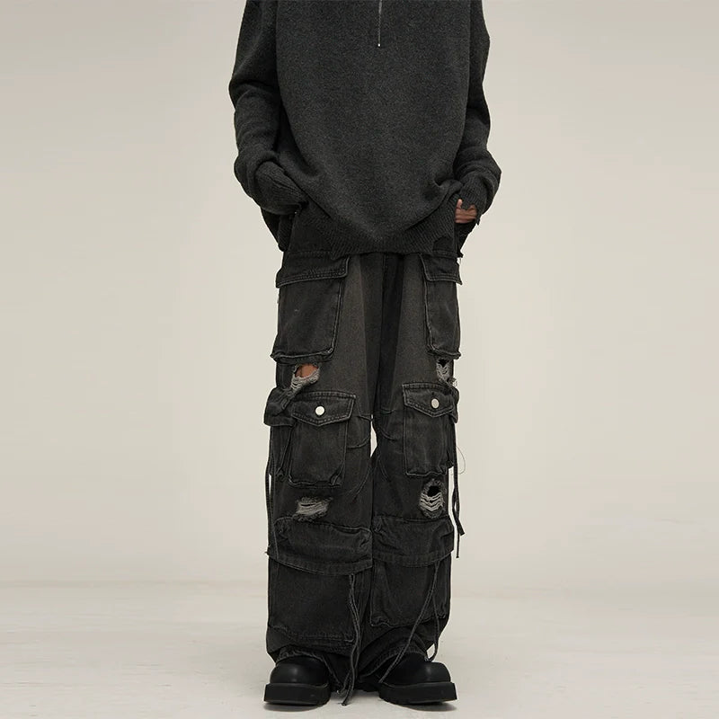 Edgy Wide-Leg Distressed Cargo Jeans - chiclara
