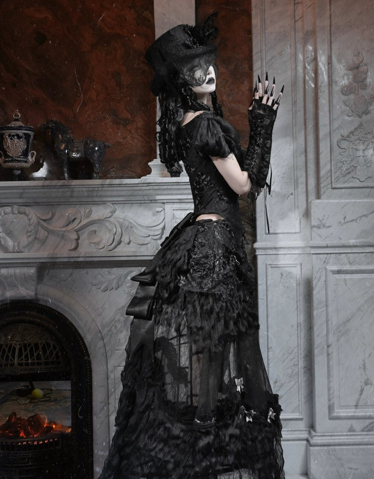 Gothic Black Lace Puff Sleeve Corset Top