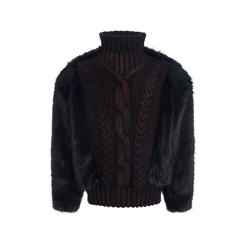 Cable Knit Fur-Sleeve Turtleneck Sweater