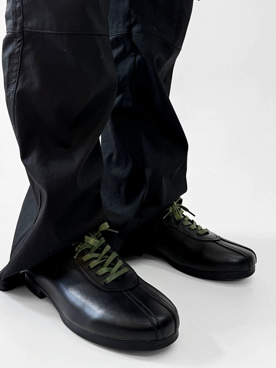 Black Split-Toe Derby Shoes with Green Laces