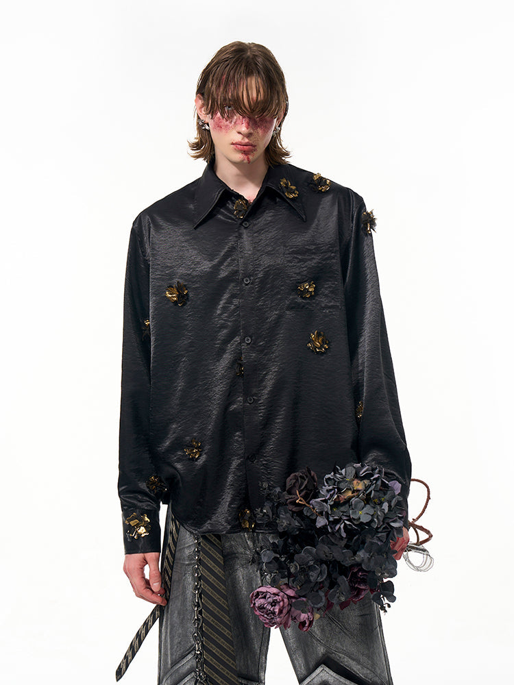 Floral Appliqué Satin Shirt