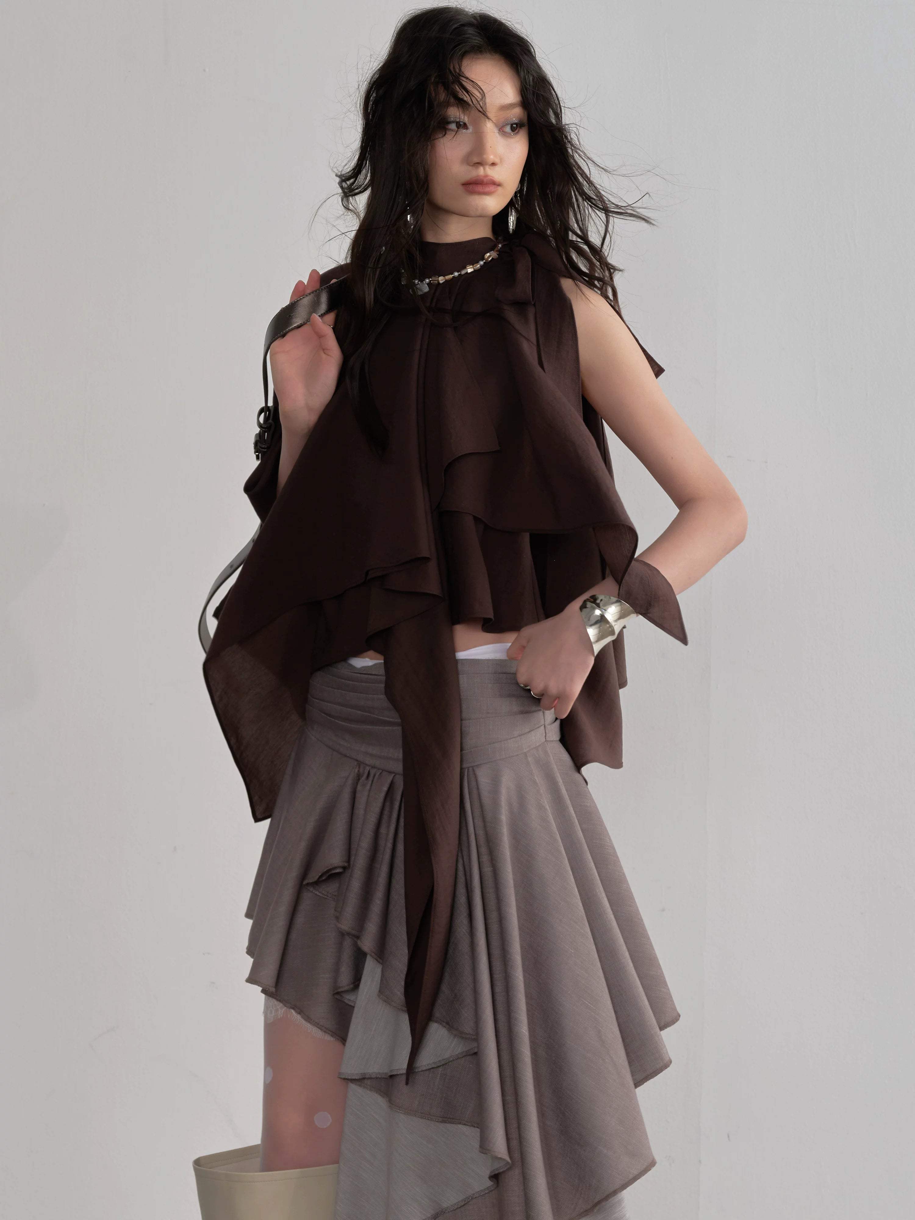 Mocha Cascade Ruffle Halter Top