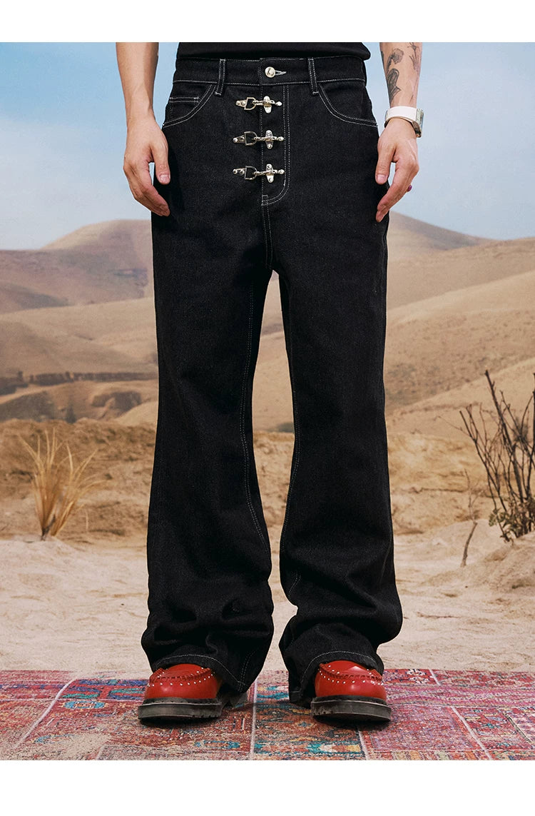 Buckle Embellished Wide Leg Jeans
