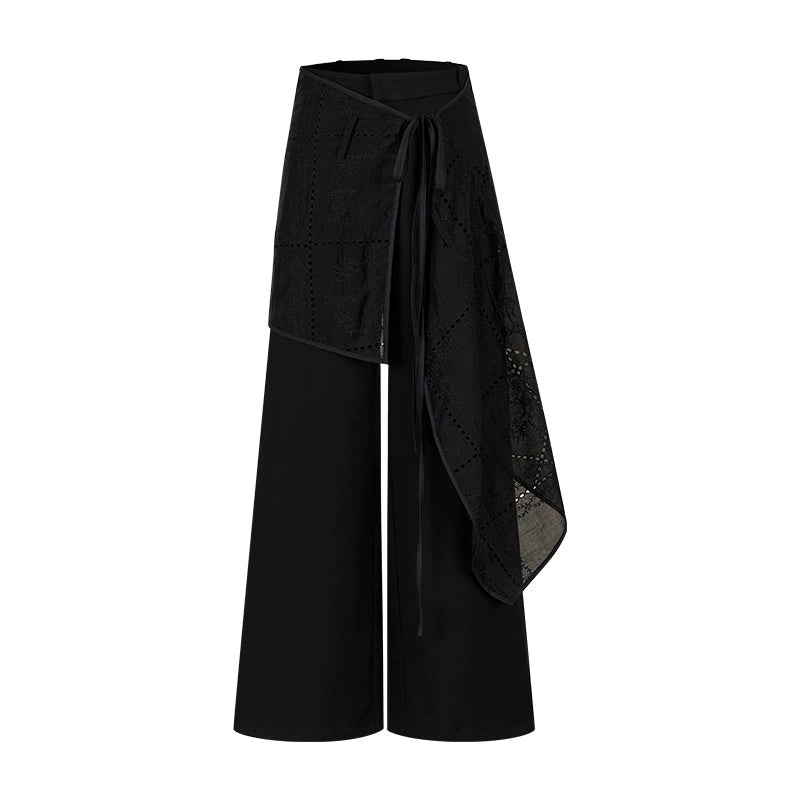 Embroidered Wrap Skirt Wide-Leg Trousers