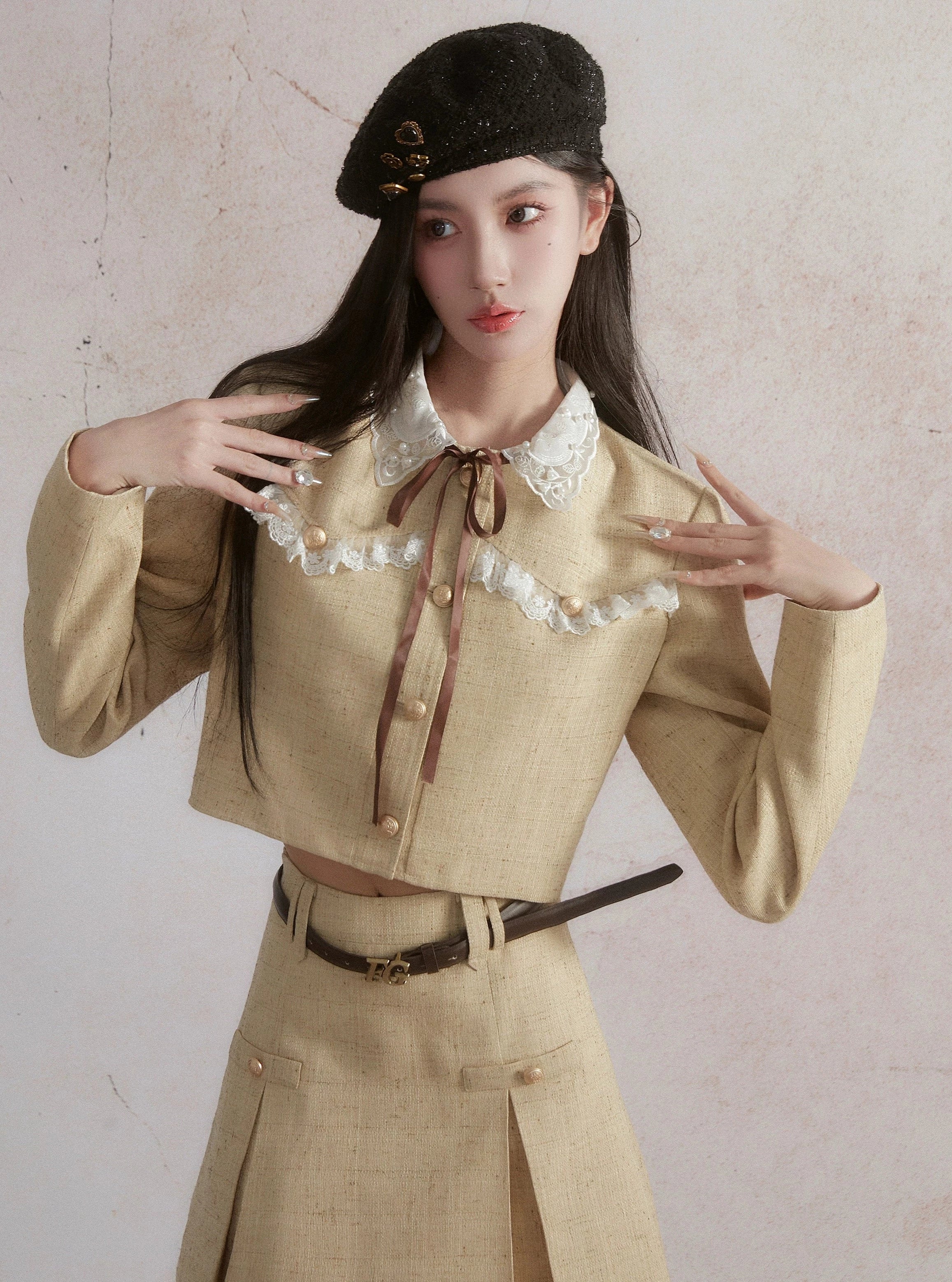 Veste de récolte vintage prairie chic et ensemble de jupe midi midi en ligne - blé doré