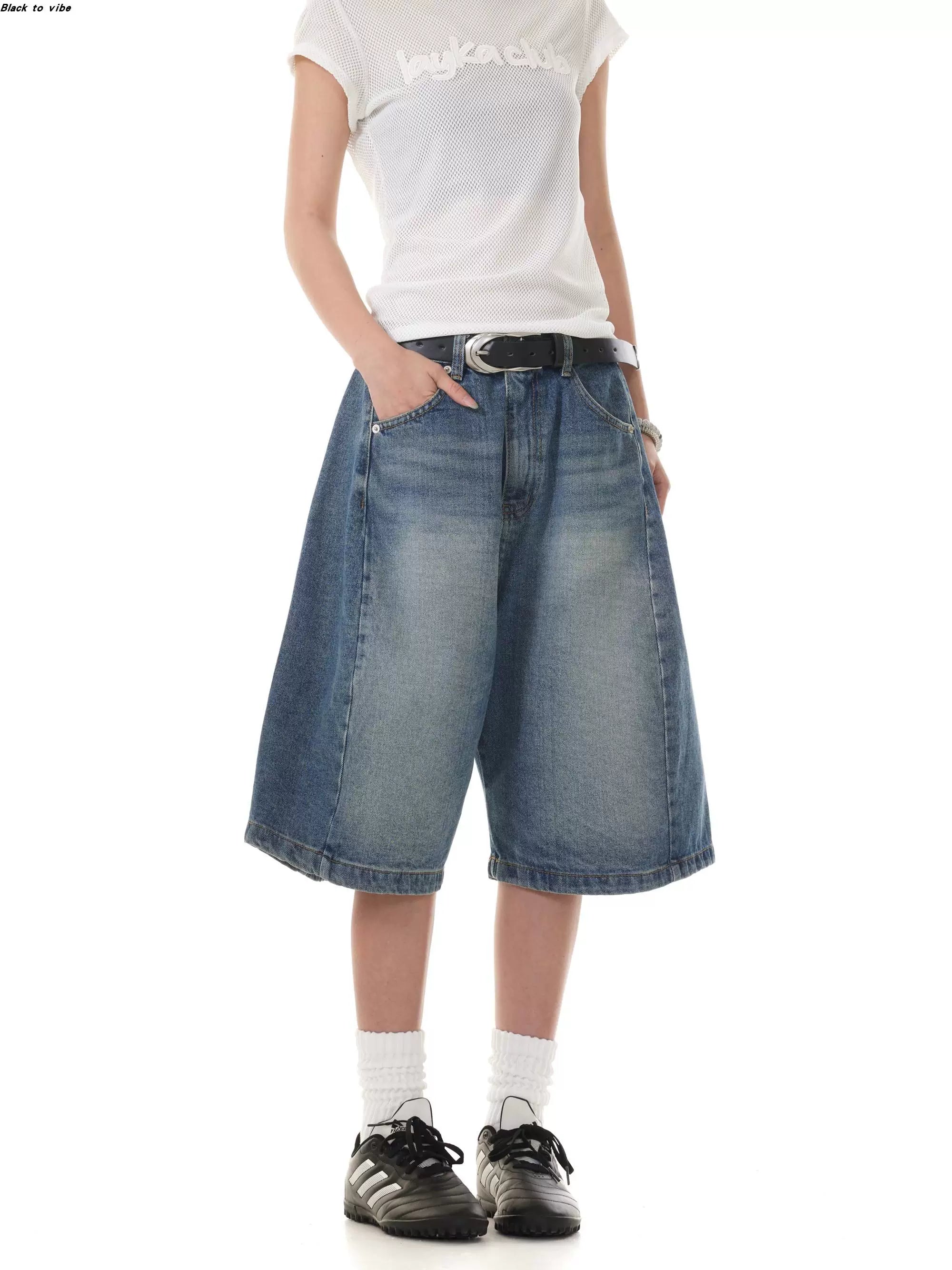 Washed Denim Bermuda Shorts - blue relaxed fit