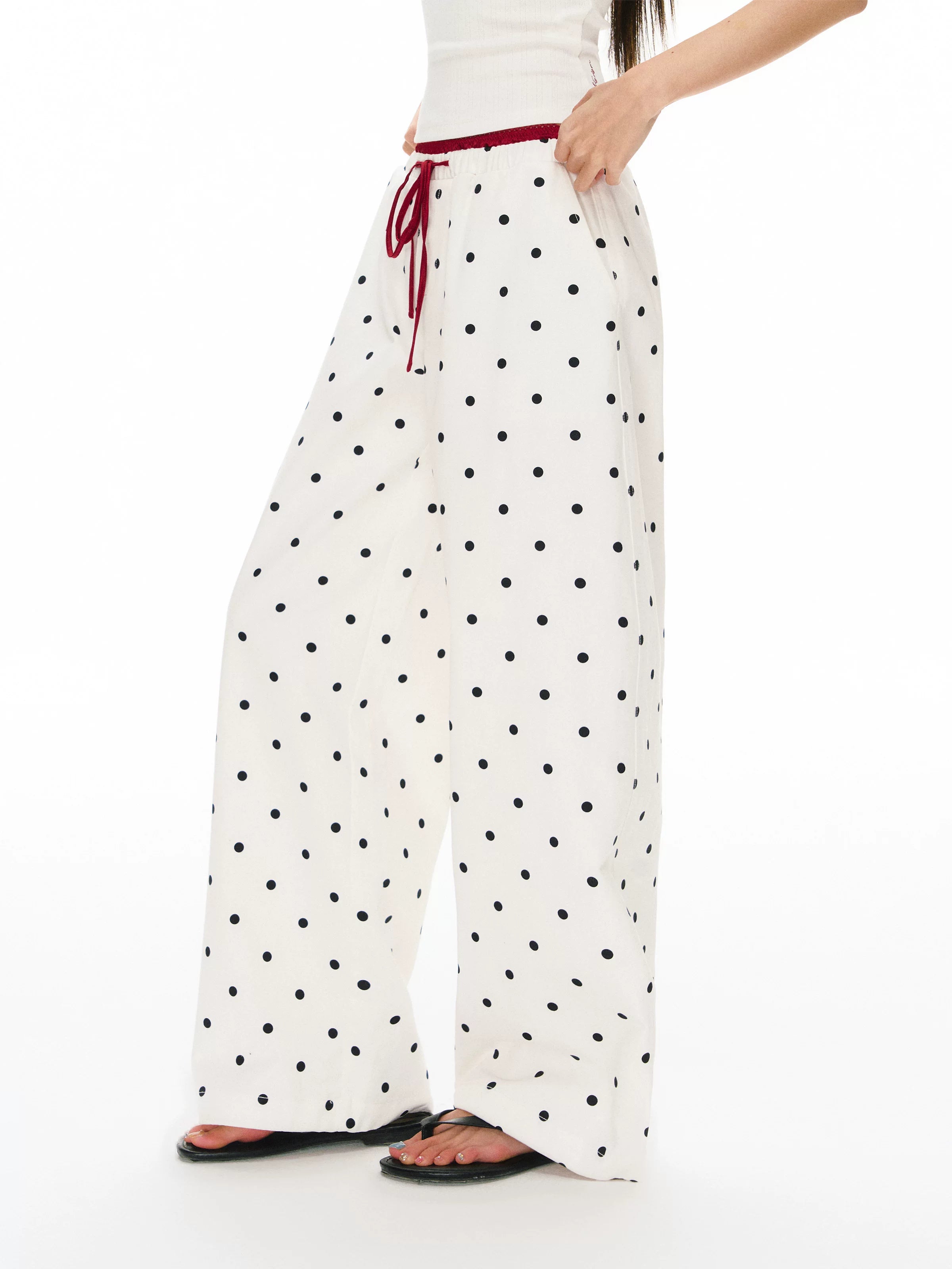 Polka Dot Drawstring Wide Leg Pants
