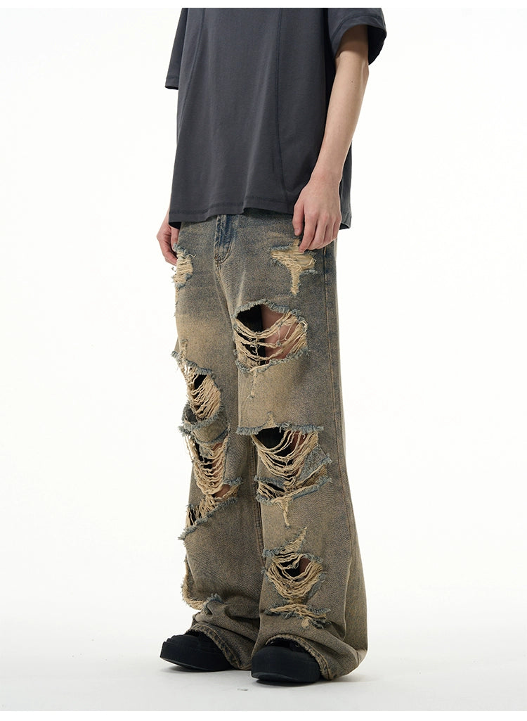 All-Over Distressed Wide-Leg Ripped Jeans
