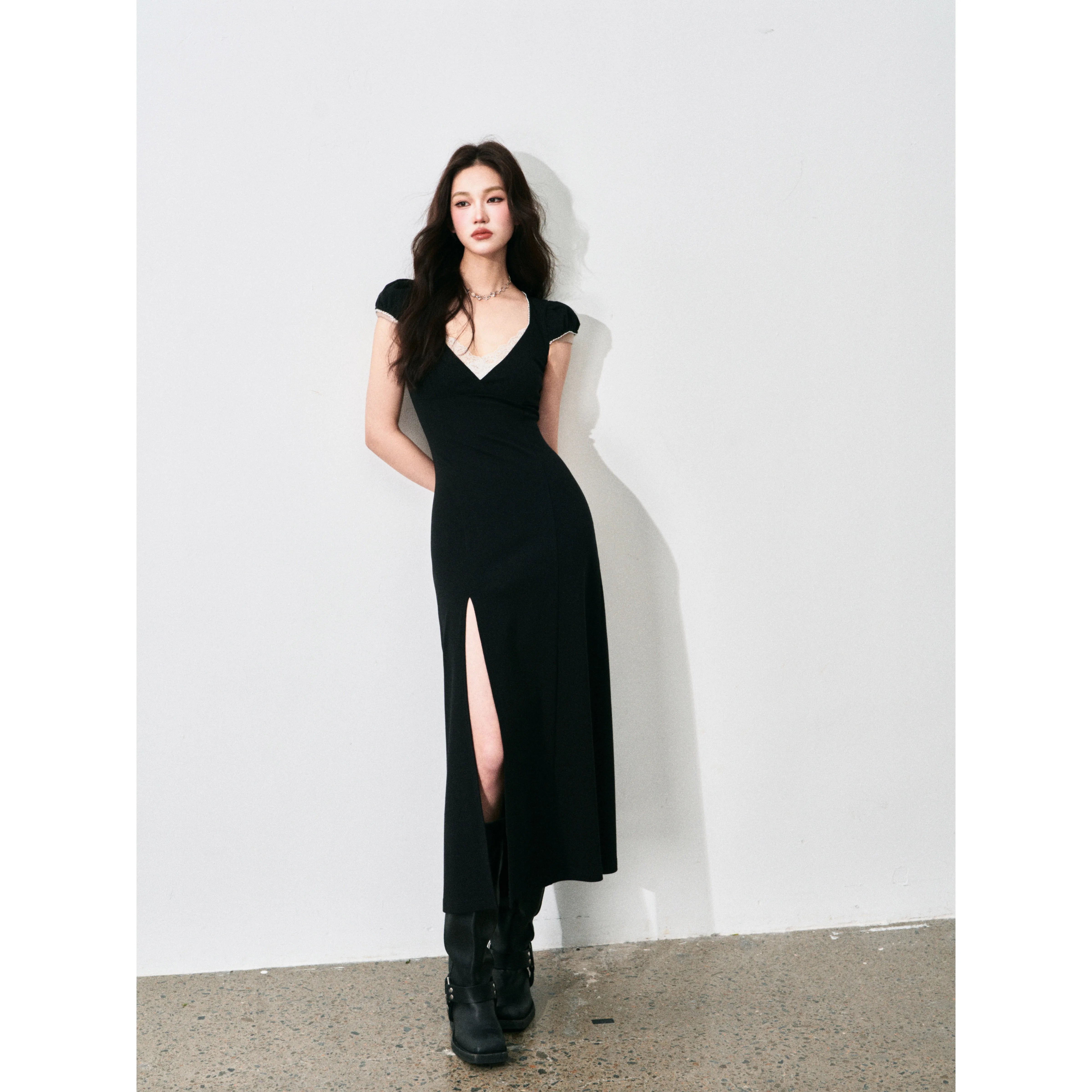 Noir Muse Lace‑Slit Dress
