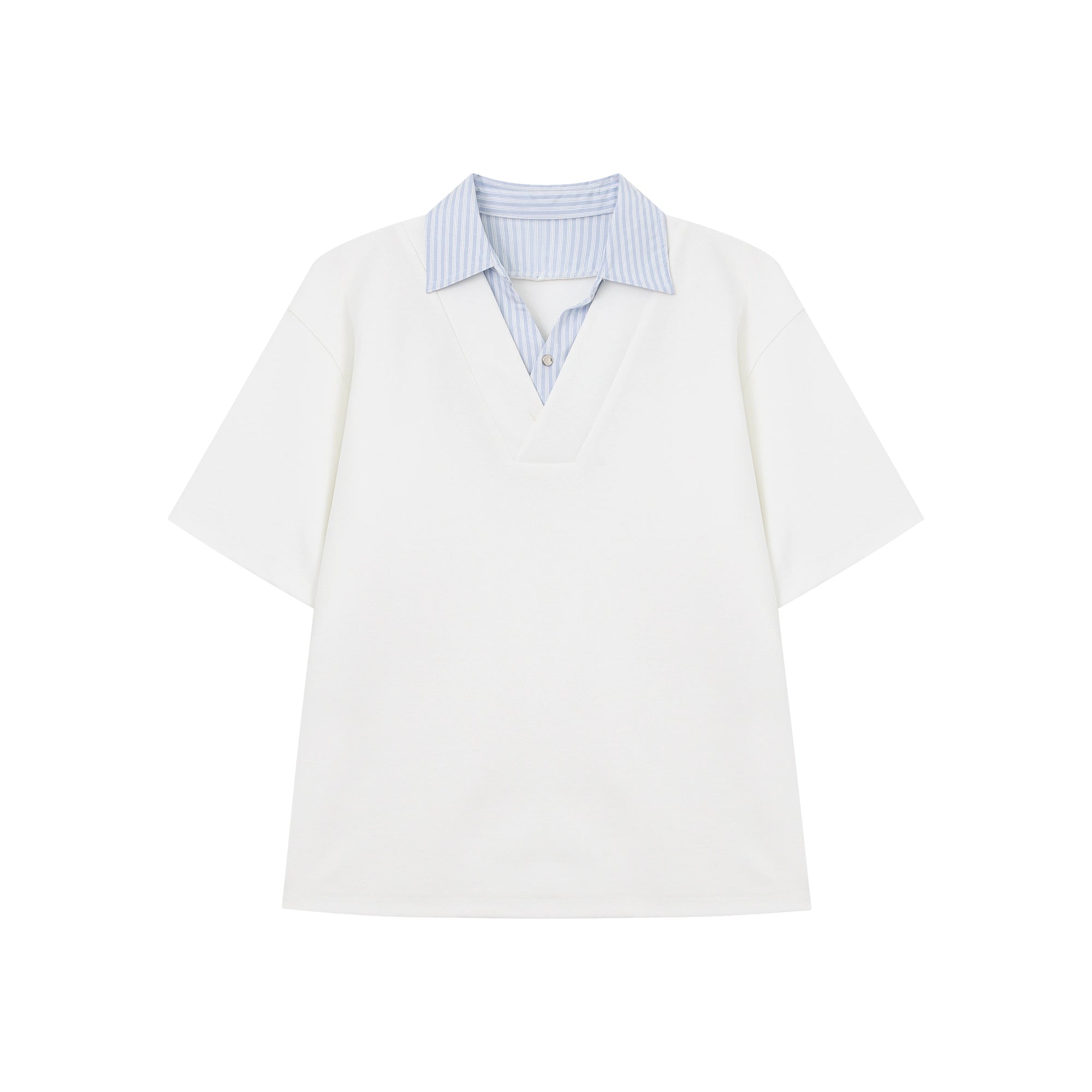 T-shirt with Faux Layered Blue Striped Shirt Collar and Placket